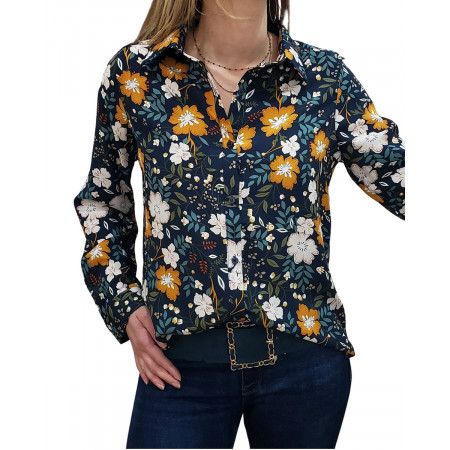 Chemisier marine imprimé floral beige et moutarde