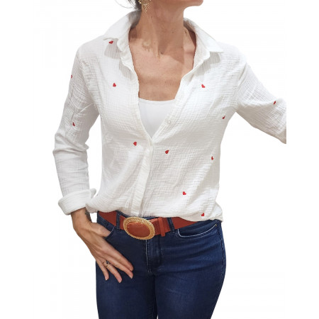 Chemise coton gaze blanche coeurs rouges