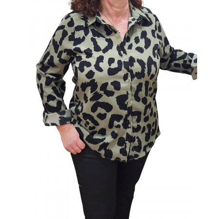 Chemisier femme grande taille femme kaki motif leopard noir