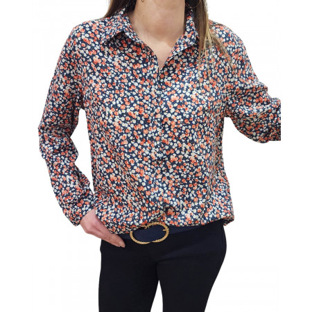 Chemisier femme marine fleurs blanches et roses