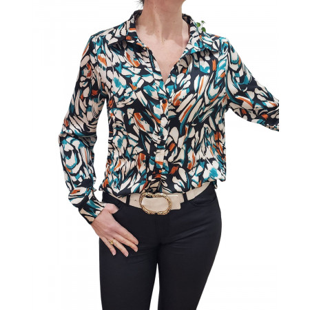 Chemisier femme noir motifs blancs oranges turquoises Linda