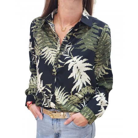 Chemisier femme noir feuillages kaki