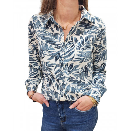 Chemisier écru feuillage bleu