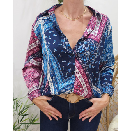 Chemisier femme bleu et mauve cachemire Maryam