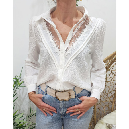 Chemisier femme blanc col ajouré brodé Ingrid