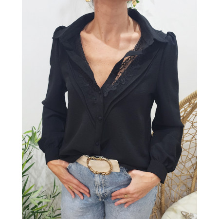 Chemisier femme noir col ajouré brodé Ingrid