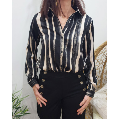 Chemisier femme noir et beige rayures satiné