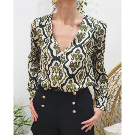 Chemisier femme beige losange kaki et noir Aria