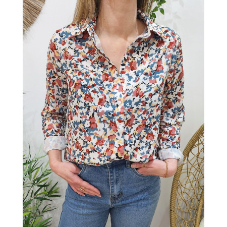 Chemisier femme blanc fleurs bleues roses jaunes Evi
