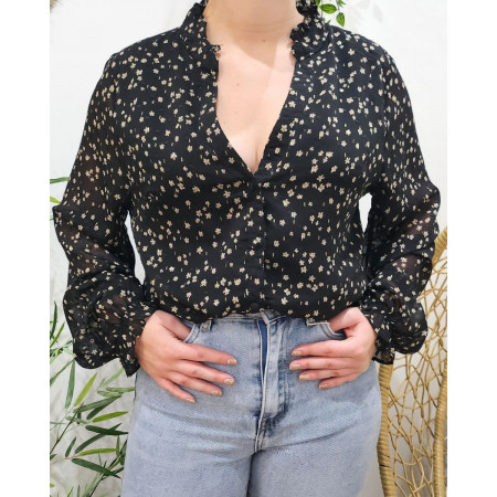 Chemisier femme noir à fleurs beiges Flavia