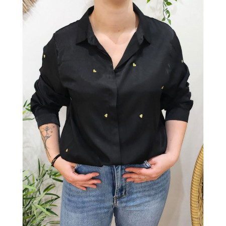 Chemisier femme noir coeurs dorés