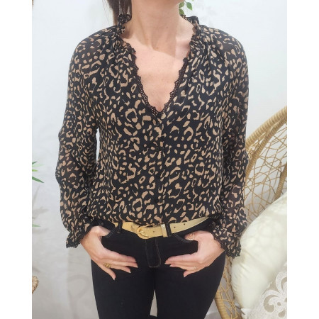 Chemisier femme imprimé léopard noir et marron Maïsane