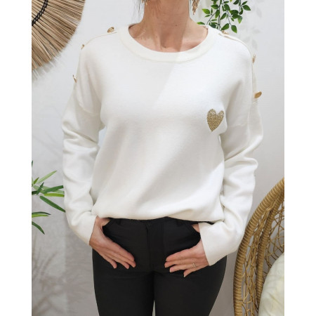 Pull femme écru broderie coeur dégradé dorée