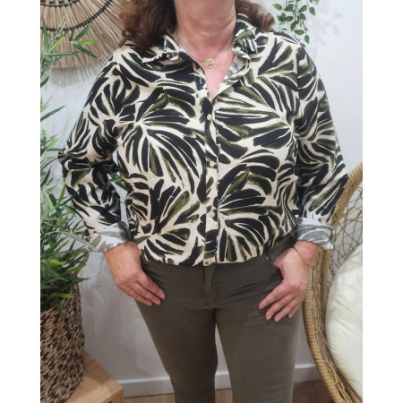 Chemisier femme beige feuillages kaki