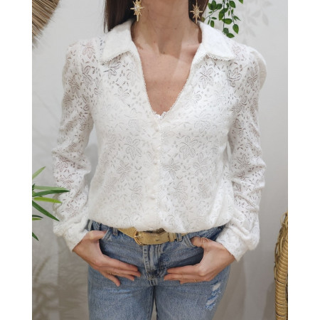 Chemisier femme blanc fleuri ajouré Bianca