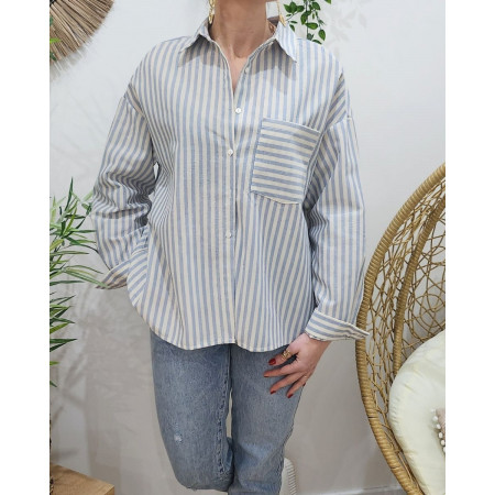 Chemisier femme rayé bleu liseré doré