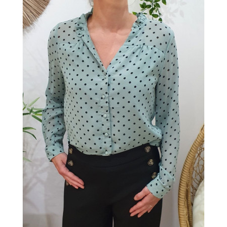 Chemisier femme vert agate à pois noirs