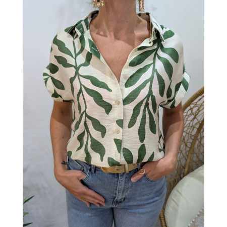 Chemisier femme écru et vert Ismérie manches courtes