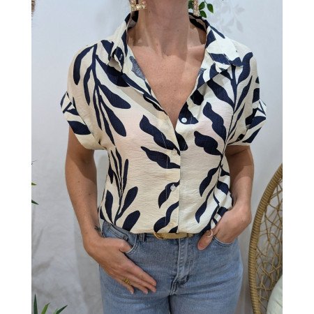 Chemisier femme écru et bleu Ismérie manches courtes