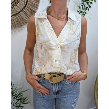 Chemisier femme écru sans manches broderies beiges fil argenté