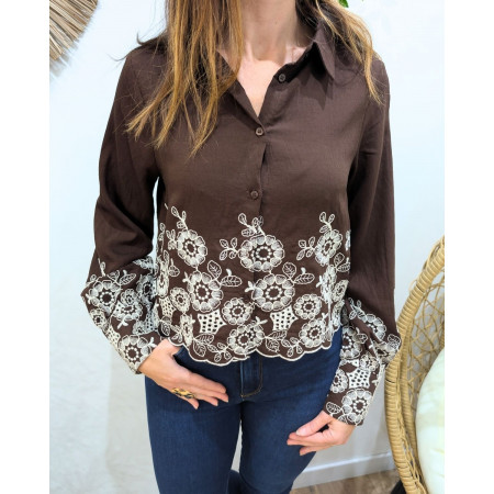 Chemisier femme marron broderies fleuries beiges Soliane
