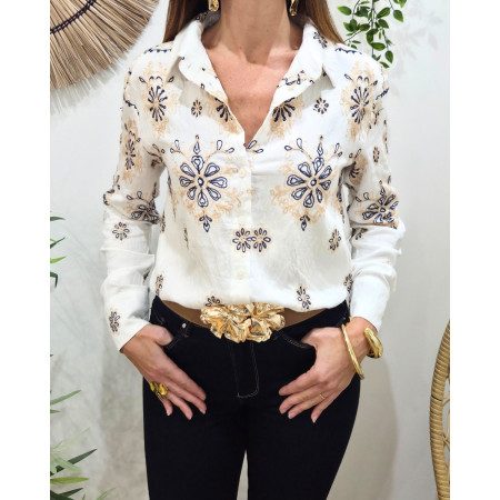 Chemisier femme écru broderies marines et beiges Inaya