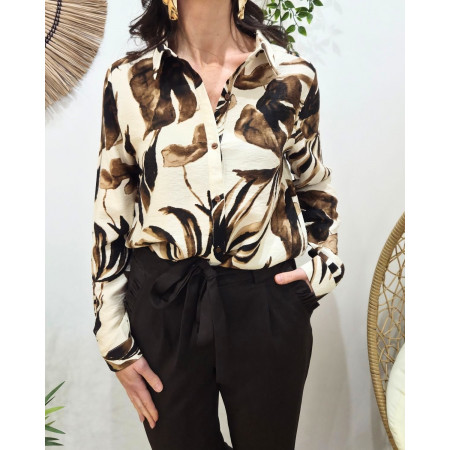 Chemisier femme beige motifs fleuris marrons Faëline