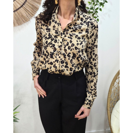 Chemisier femme taupe et noir léopard paillettes dorées