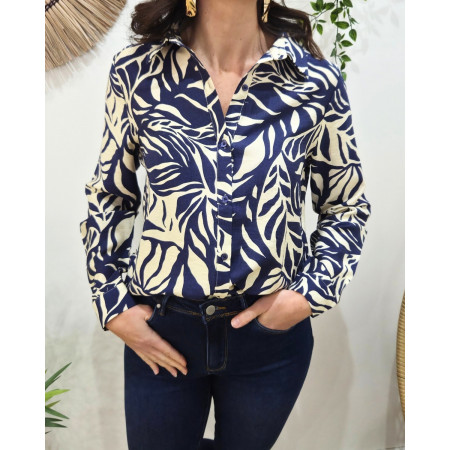 Chemisier femme marine et beige feuillages Norina