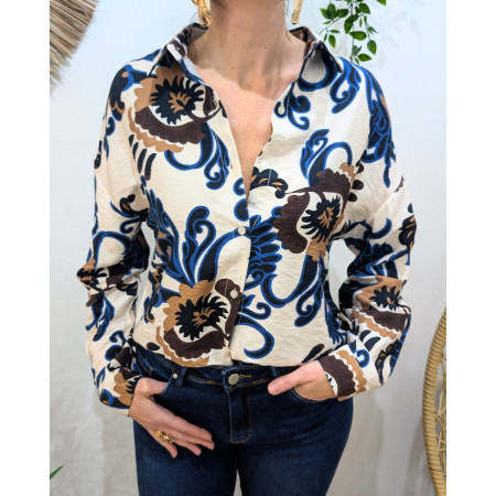 Chemisier femme beige motifs fleuris marrons et bleus Jeannie