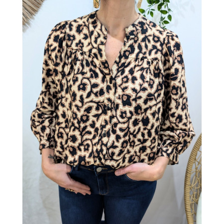 Chemisier femme noir motifs fleuris beiges et camels Isabelle