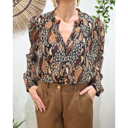 Chemisier femme noir feuillages beiges et terracottas Calla