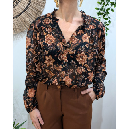 Chemisier femme noir fleurs terracottas Jasmina