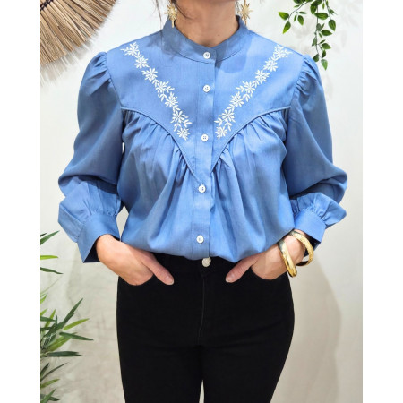 Chemisier femme bleu jean fleurs brodées blanches