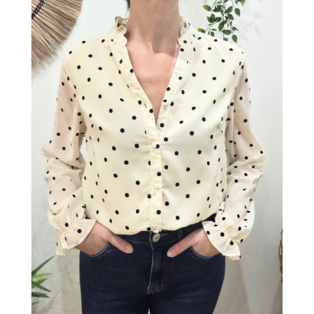 Chemisier femme beige à pois noirs