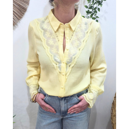 Chemisier femme jaune manches et poitrine brodées Rhea
