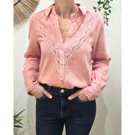 Chemisier femme rose manches et poitrine brodées Rhea