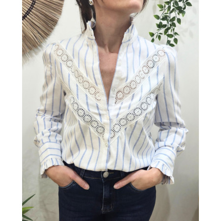 Chemisier femme rayé blanc et ciel broderies fleuries Inaya