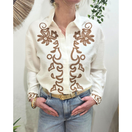 Chemisier femme écru broderies camel Nova