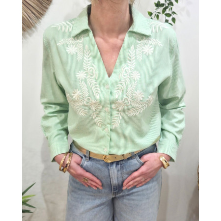 Chemisier femme rayé vert et blanc broderies feuillages