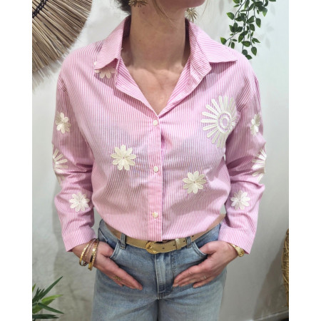 Chemisier femme rayé rose et blanc broderies fleurs