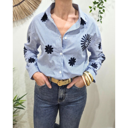 Chemisier femme rayé bleu marine et blanc broderies fleurs