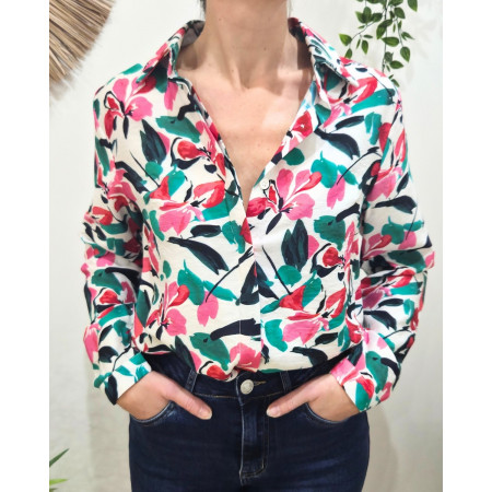 Chemisier femme écru fleurs roses et vertes Catalina