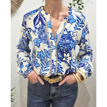 Chemisier femme écru fleurs bleues Faustina