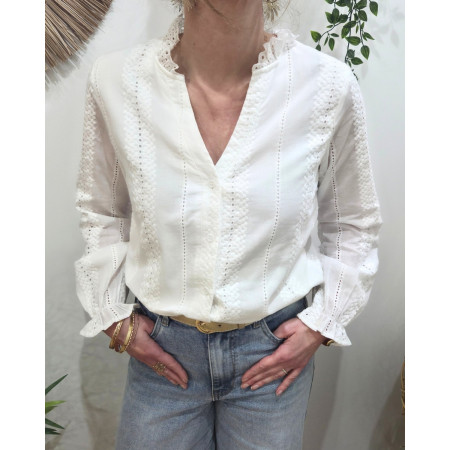 Chemisier femme blanc broderies fleuries ajourées Leonora