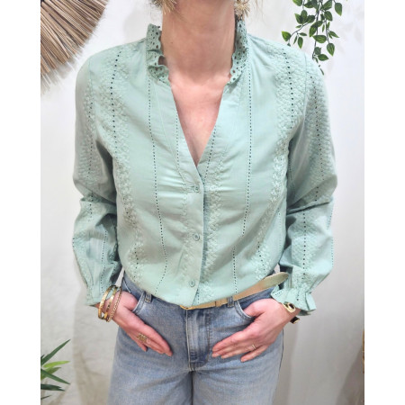 Chemisier femme vert d'eau broderies fleuries ajourées Leonora