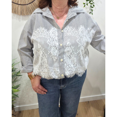 Chemisier femme oversize rayures noires et dentelle blanche