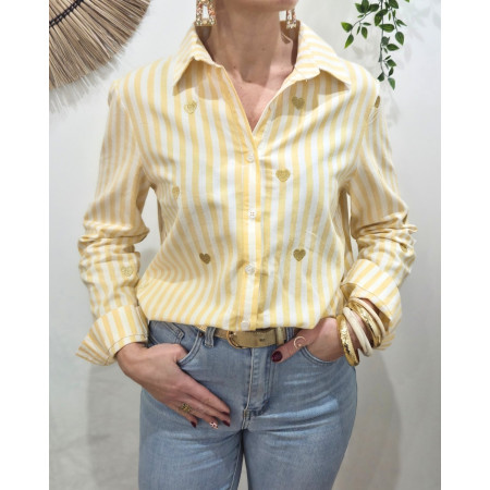 Chemisier femme rayé jaune et écru coeurs brodés dorés
