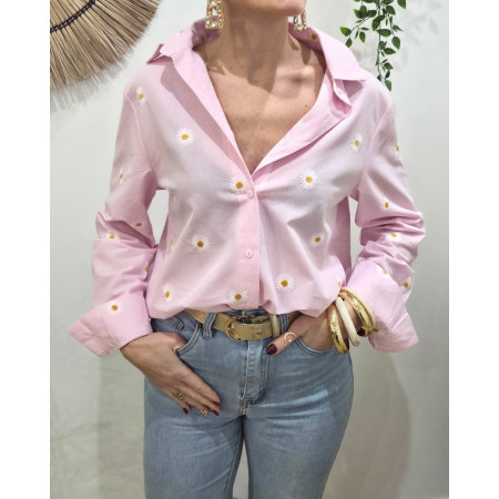 Chemisier femme rose marguerites brodées
