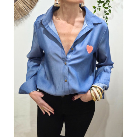 Chemisier femme coton bleu jean coeur rose fluo